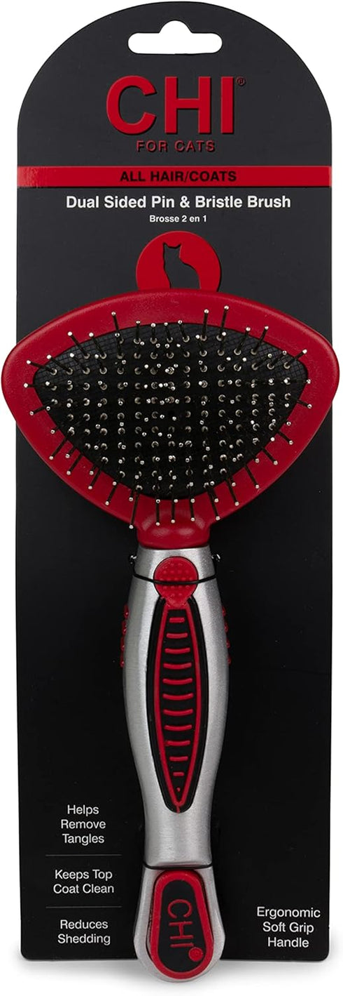 CHI for Cats Double Sided Bristle & Pin Brush, 2-in-1 Grooming Tool with Ergonomic Handle for All Cats