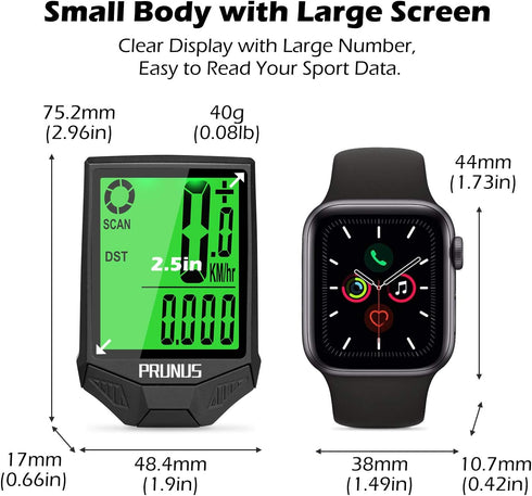 PRUNUS Wireless Waterproof Bike Speedometer and Odometer, Big LCD Screen, Touch Sensor for Outdoor Cycling