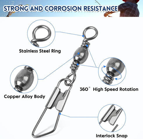 JSHANMEI Fishing Swivels Snaps - High Strength Rolling Barrel Swivels with Safety Snap for Freshwater Saltwater Tackle