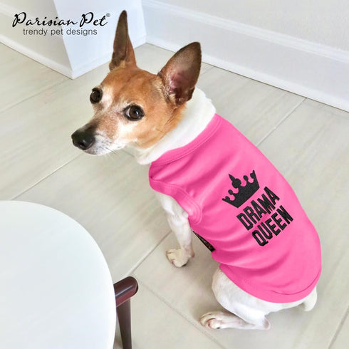 Parisian Pet Dog T-shirt, Embroidered “Drama Queen” Tank Top, Sleeveless Pink Tee, Large