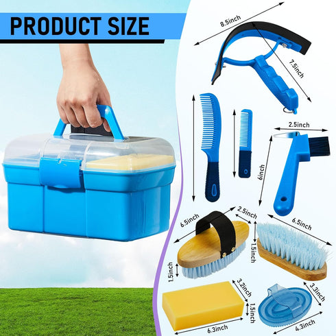 9 Cunhill Pieces Horse Grooming Kit with Organizer Curry Comb, Hard & Soft Brushes, Hoof Pick, Sweat Scraper, Sponge