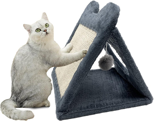 Fhiny Triangle Cat Scratching Post, Natural Sisal Standing Scratch Board with Hanging Plush Ball Toy
