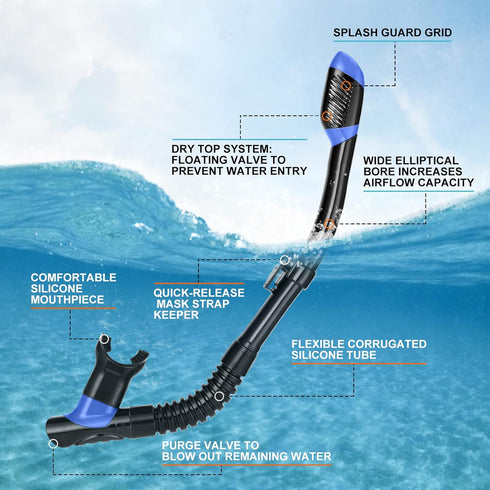 Set, Packages Odoland Snorkel Adults Snorkeling with Dry Top Diving Mask, Adjustable Swim Fins, Mesh Bag, Anti-Fog