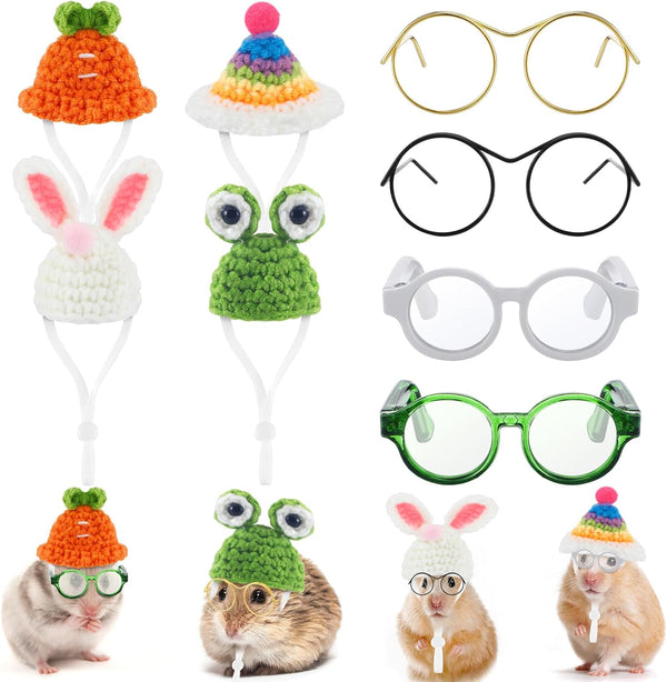 8 Pcs Hamster Hat Pet Costume Glasses, Includes 4 Knitted Hats and 4 Pairs of Glasses for Small Animals
