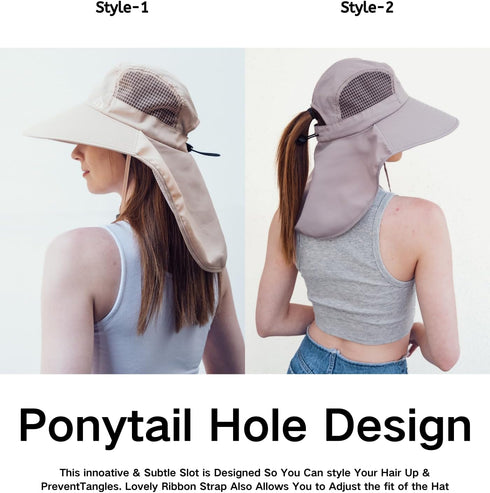 UV Sun Protection Hat for Women, Foldable Neck Flap Wide Brim Fishing Hat with Ponytail Hole