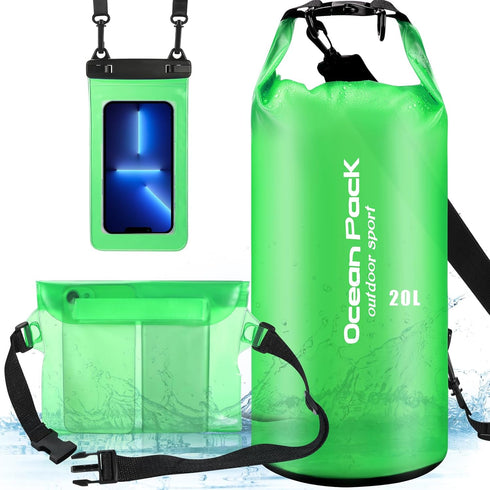 Set of 3 Waterproof Dry Bags, 20L Lightweight Dry Sack with Waist Pouch & Phone Case