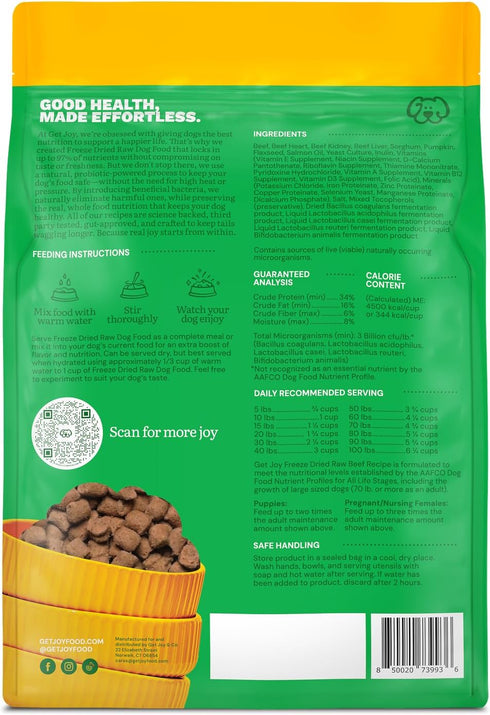 100% 16oz Get Joy Freeze Dried Raw Beef Meal, High Protein Grain Free, Dry Dog Food Meal Mixer and Topper