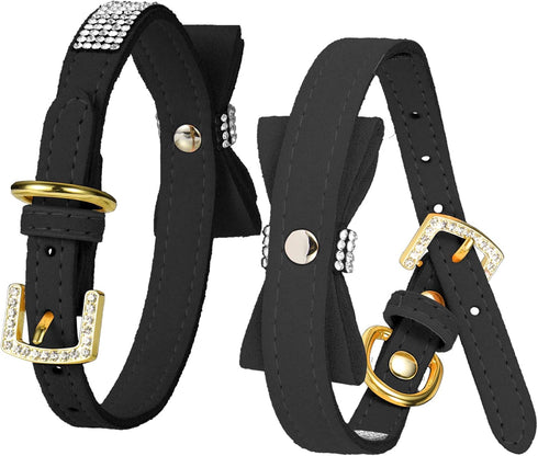LOVPE Crystal Dog Collar - Velvet Leather with Bow-Knot Tie Rhinestone for Small Dogs & Cats (Black, S)