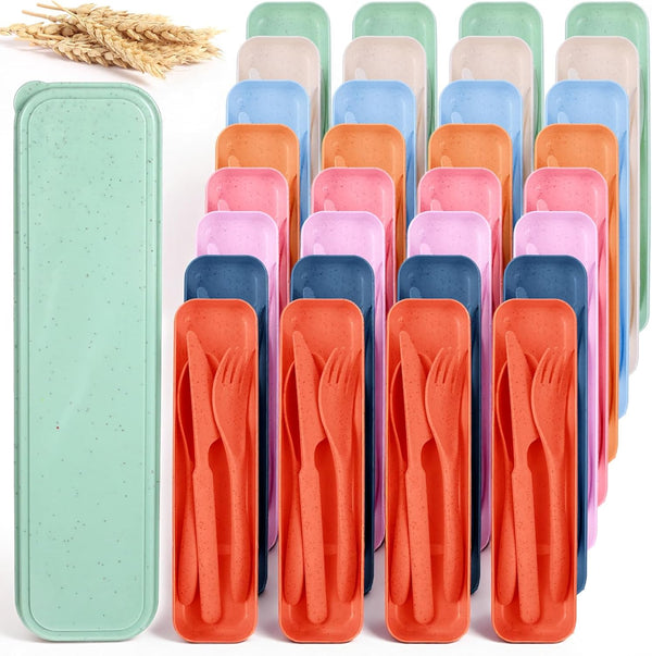 Lyksgir 32 Sets Reusable Travel Utensils Set with Case, Portable Natural Wheat Straw