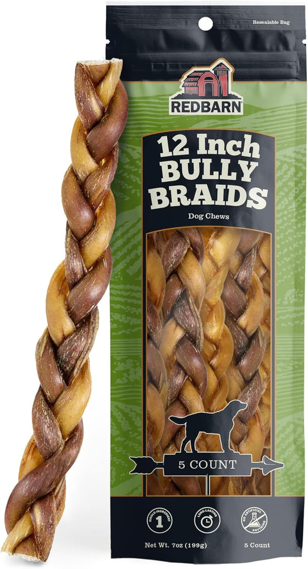 Redbarn Pet Products All-Natural 12" Braided Bully Sticks for Dogs - Premium