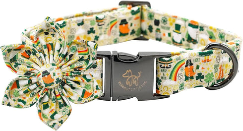 Elegant St. Patrick's Day Dog Collar with Flower, Green Clover Adjustable Dog Collar Pet Gift for Small Dogs