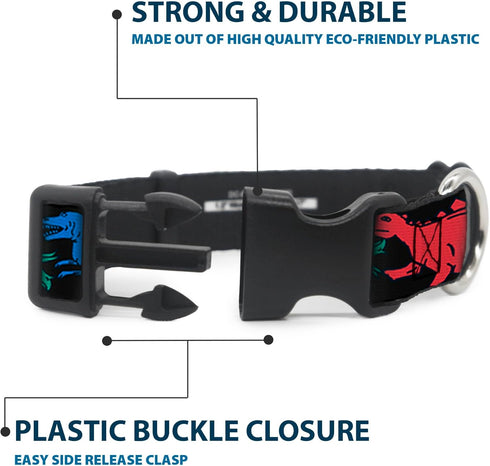 Buckle-Down Plastic Clip Collar - Dinosaurs Black/Multi Color, 1" Wide, Fits 15-26" Neck, Large