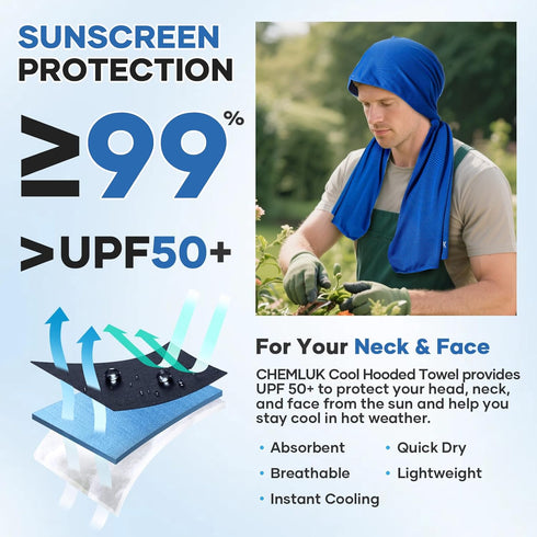 CHEMLUK 50 Cooling Towels for Neck and Face: Instant Cool Hoodie Towel UPF Protection Quick Dry Ice Hooded Towels