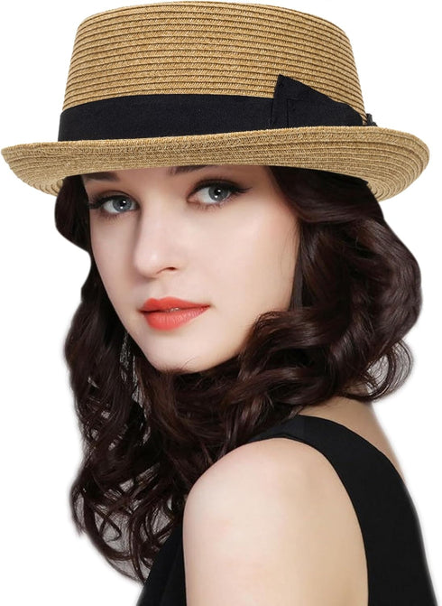 Pork Pie Hat for Men/Women, Classic Straw Boater Derby Sun Hats with Grosgrain Band