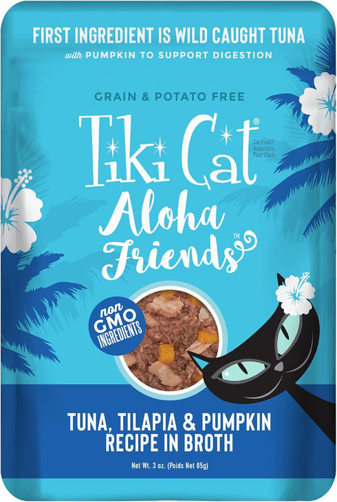 Tiki Cat Aloha Friends, Tuna, Tilapia & Pumpkin, Grain-Free Wet Cat Food, 3 oz. Pouch (Pack of 12)