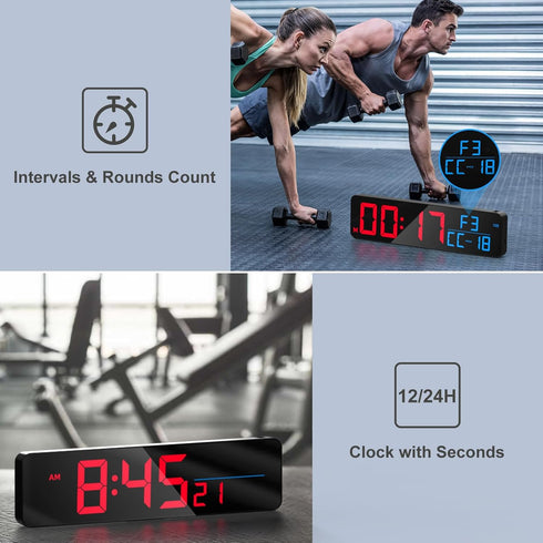 15" Countdown/Up/Stopwatch/12-Level ANJANK Large Gym Timer, LED Digital Wall Clock with Seconds, Timing for Workout