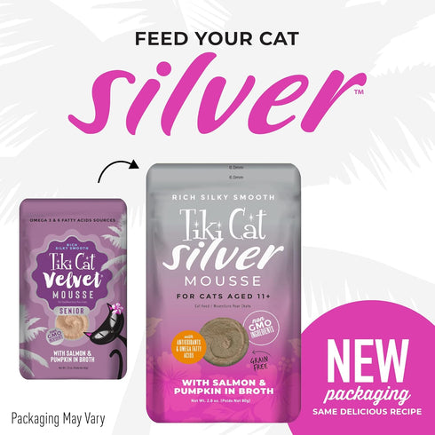 Tiki Cat Silver Mousse with Salmon & Pumpkin in Broth, Nutrient Rich for Older Cats Aged 11+, 2.9 oz. Pouch (Pack of 12)