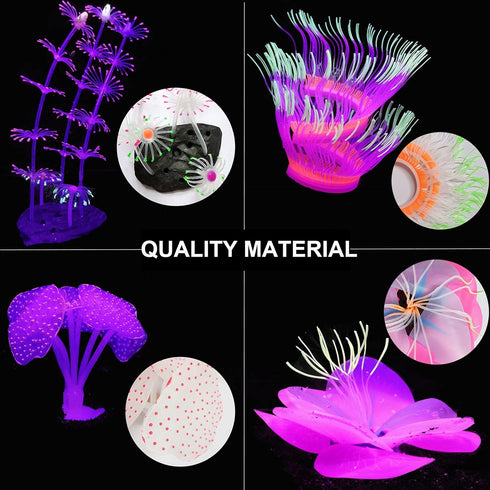 4 Pack Silicone Glowing Fish Tank Decorations, Simulation Glowing Coral Sea Anemone and Lotus Leaf for Aquarium
