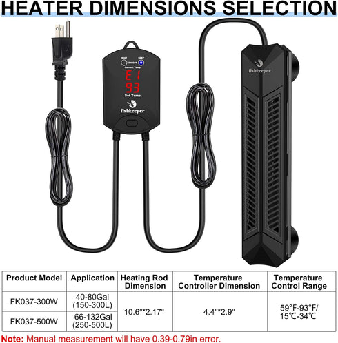 500W Adjustable Aquarium Heater, Digital Display Controller, Submersible Water Heater for 66-132 Gal Tanks