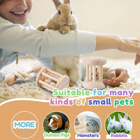 AOWPFVV 3 Chinchillas, Pcs Wooden Bunny Toys - Safe Rabbit & Guinea Pigs Teeth Grinding Toys for Hamsters & Small