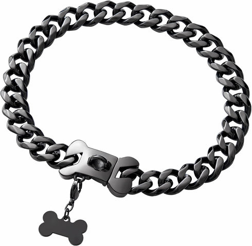 Cuban Black Link Heavy Duty Dog Collar, 10inch-26inch Wide Stainless Steel Luxury ID Name Tag for Dogs