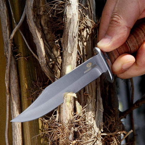Mossy Oak 2-piece Bowie Knife, Fixed Blade Hunting Knife with Leather Handle