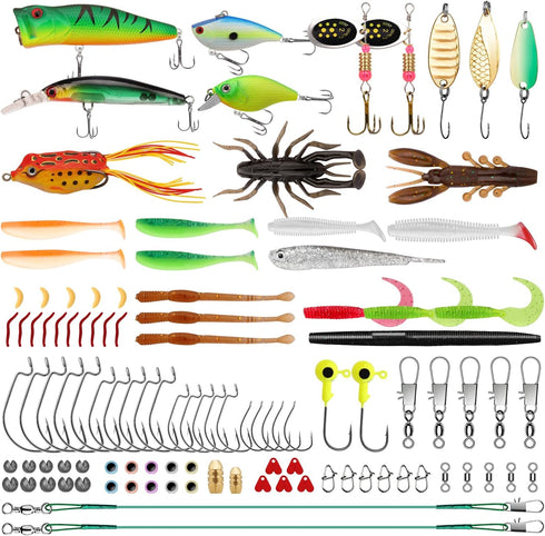 GOTOUR Fishing Lures Accessories Kit with Tackle Box, Fishing Hooks Minnow Crankbait Frog Popper Lure Worm Fishing