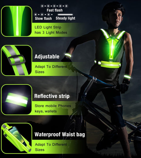 LED Reflective Vest Running Gear Set, USB Rechargeable Light Up Running Vest for Night Walking with Waterproof Phone