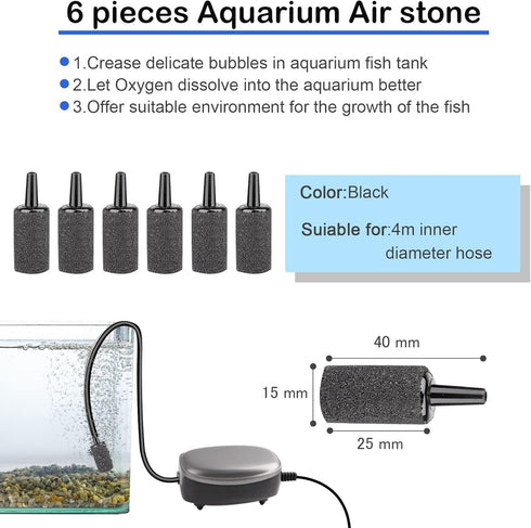 19.68 feet Black Aquarium Airline Tubing with 6 Air Stones and Check Valves for Fish Tank