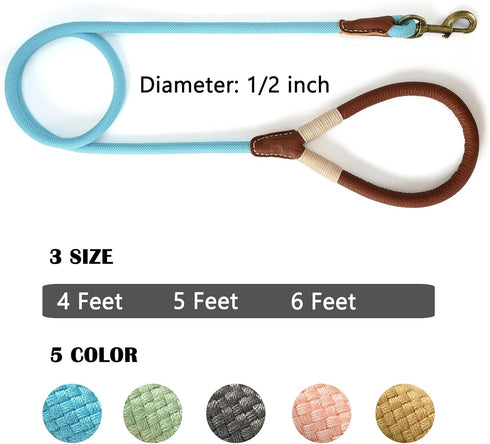 Mile High Life 5 Feet Dog Leash | Strong Rope with Premium Leather Handle | Heavy Duty Clasp | Blue for All Dogs
