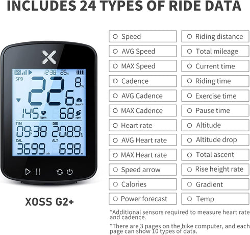 XOSS G+ Gen2 GPS Bike Computer with Mount, 2.2" Bluetooth Cycling Speedometer, IPX7 Waterproof