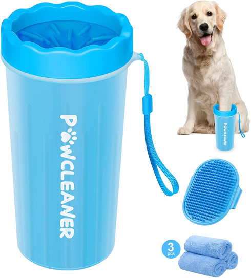 Comotech Dog Paw Cleaner with Bath Brush & Towels - Adjustable Ring Handle for Long and Short-Haired Dogs