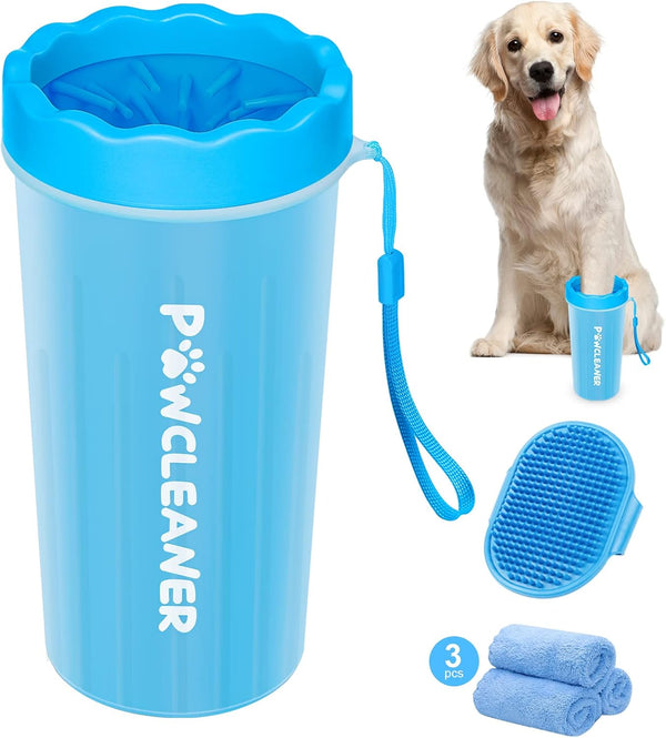 Comotech Dog Paw Cleaner with Bath Brush & Towels - Adjustable Ring Handle for Long and Short-Haired Dogs