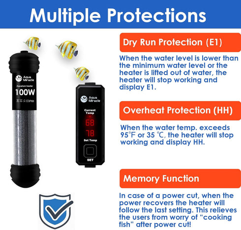 AquaMiracle Upgraded 100W Small Aquarium Heater with Dry-Run Protection and Dual LED Display for 10-20 Gal