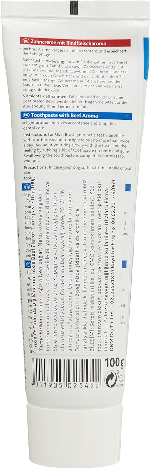 Trixie Toothpaste with Beef Flavour (helps if The dogs likes The taste!)