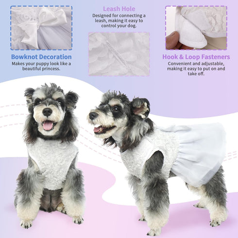 QBLEEV Dog Dress Tutu Skirt for Large Dogs, Sweet White Princess Dresses with Bowknot and Rose Decor, L