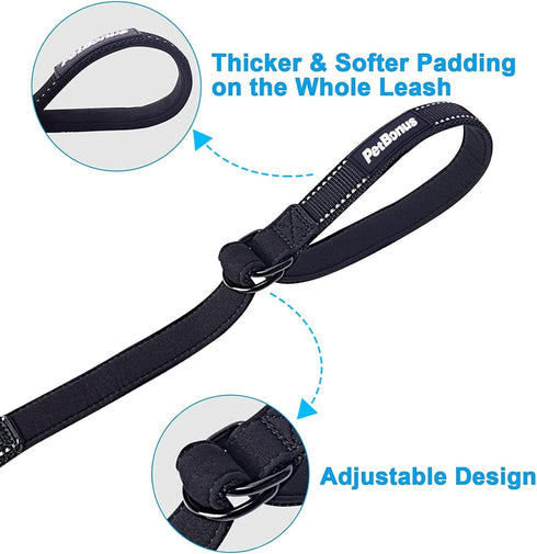 PetBonus 2 Pack Short Dog Leash, Adjustable Soft Padded Handle, Reflective Design & Safety Wrist Strap (Black)
