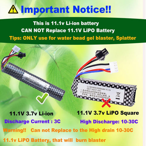 funkawa 11.1V 2000mAh 11.1V SM2P Blaster(1-Pack) Airsoft Gel Ball Blaster Battery, Water Bead Ball Splatter Batteries