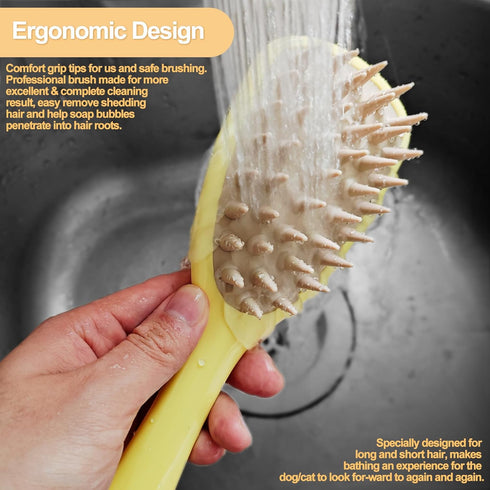 Pet Silicone Shampoo Brush for Dogs & Cats, Washing Brush with Handle for Bathing, Massaging, Hair Removal (Yellow)