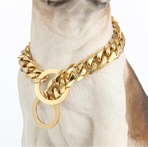Dog Chain Collar Chew Proof, Heavy Duty 15mm Thick Stainless Steel Metal Cuban Link for Small Medium Large Dogs - Gold