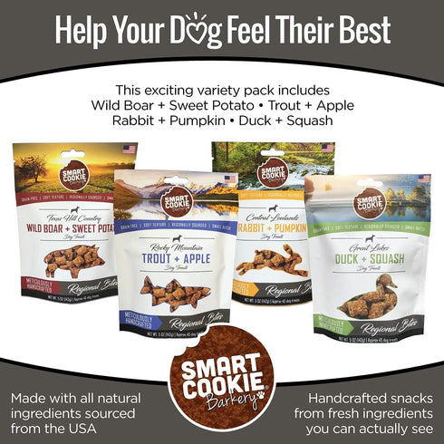 Smart Cookie All Natural Dog Treats - 4 Flavor Variety Pack (5oz Each), Healthy for Dogs & Puppies with Allergies