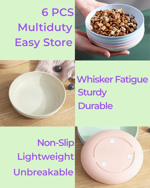6-Pack Cat Food Bowls with Non-Slip Feet, Whisker Fatigue Dishes for Indoor Cats, 5.5" Flat Plates