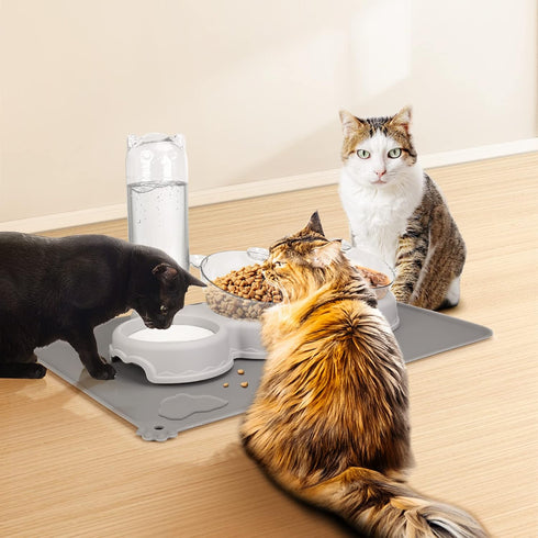 YECERCAN Triple Cat Bowls for Food and Water, 3 in 1 Pet Feeder with Automatic Water Bottle & Waterproof Mat
