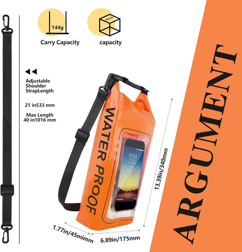 IP68 Waterproof Dry Bag, 2L - Roll Top Waterproof Pool Bag with Phone Pouch, Boating & Kayak Accessories (Orange)