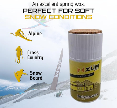 ZUMWax Rub-On Ski/Snowboard Wax 70g, WARM Temperature, Easy Cork Applicator, Made in USA