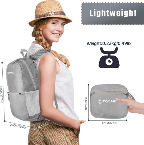 ZOMAKE Ultra Lightweight Hiking Backpack 20L - Packable Small Water Resistant Daypack for Women Men (Silver Gray)