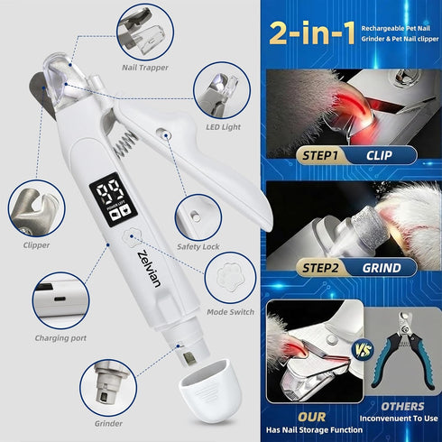 Zelvian 2-in-1 Trimmer, 3 Dog & Cat Nail Clipper and Grinder with LED Light, Low-Noise Electric Pet Nail Safety Lock