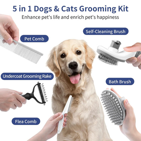 5 in 1 Dog Grooming Kit - Shedding Brush Set for Short & Long Haired Pets - Self-Cleaning Slicker Brush - Gray,