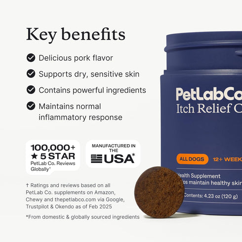 PetLab Co. Itch Relief Chews for Dry, Occasionally Itchy Skin & Coats, Formulated with Turmeric, Omega 3 & 6, Honey