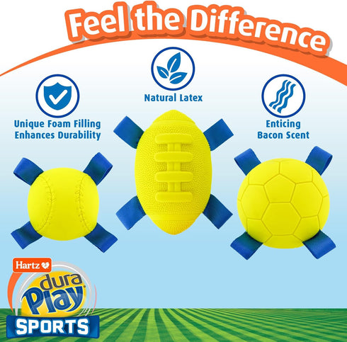 3 Count Hartz Dura Play Sports Ball Variety Dog Toy, Bacon Scented Squeaky Latex Yellow & Blue Toy